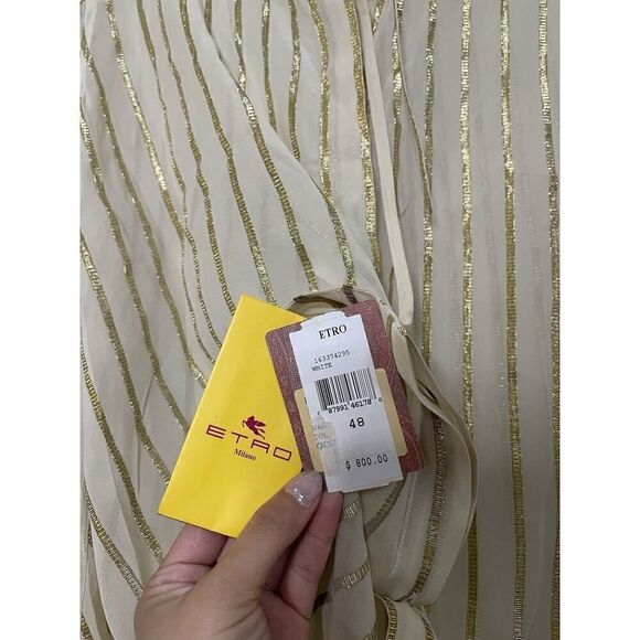 NEW! ETRO ivory gold striped button down silk blouse tie collar IT 48 US L $800 - Picture 5 of 7